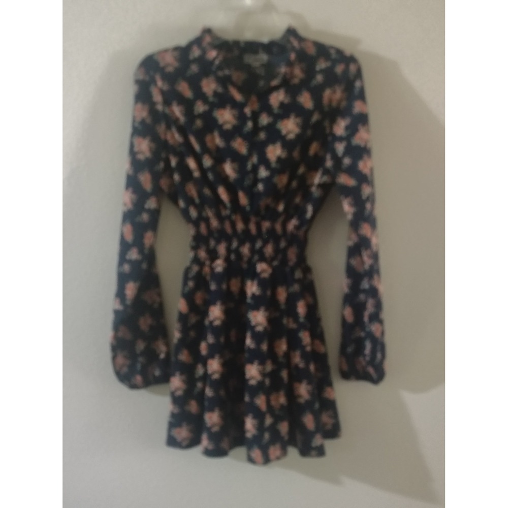 J for Justify Womens Navy‎ Blue Peach Floral Smocked Waist Ruffle Mini Dress M